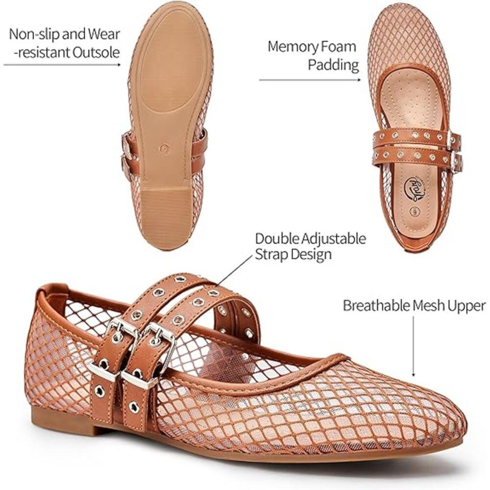 Trary Tan Mesh Mary Jane Flats with Buckle Straps - Picture 5 of 6